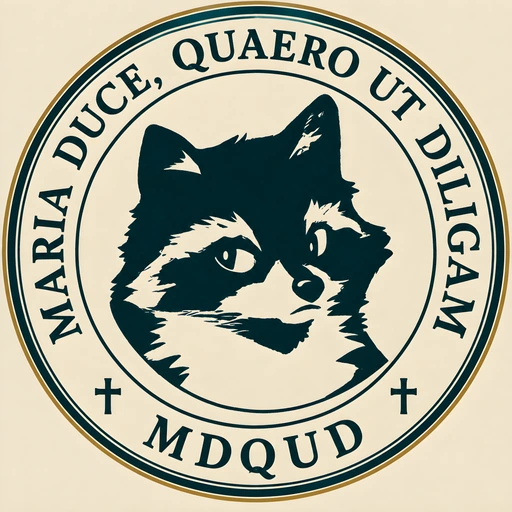 Selo do guaxinim com o adágio Maria duce, quaero ut diligam e as iniciais MDQUD
